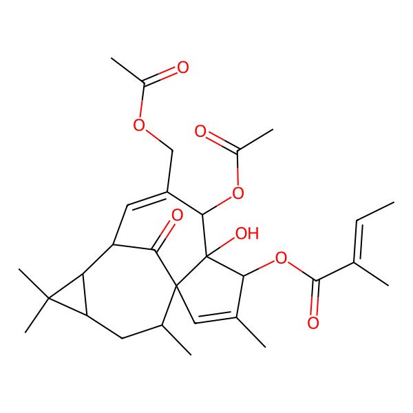 2D Structure of [6-Acetyloxy-7-(acetyloxymethyl)-5-hydroxy-3,11,11,14-tetramethyl-15-oxo-4-tetracyclo[7.5.1.01,5.010,12]pentadeca-2,7-dienyl] 2-methylbut-2-enoate