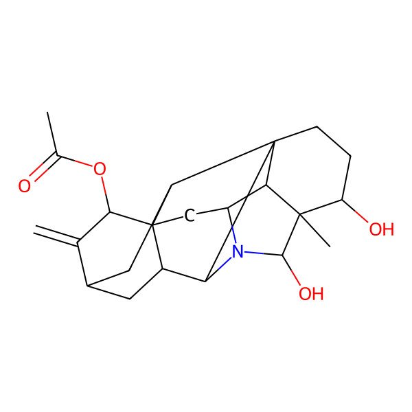 2D Structure of [(1R,4R,5S,6S,8R,9S,11R,13R,14S,16S,17S,18S)-4,6-dihydroxy-5-methyl-12-methylidene-7-azaheptacyclo[9.6.2.01,8.05,17.07,16.09,14.014,18]nonadecan-13-yl] acetate