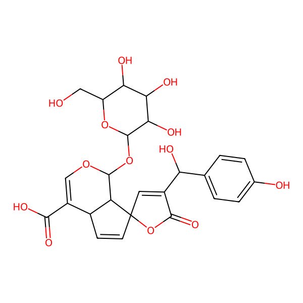 2D Structure of 4'-[hydroxy-(4-hydroxyphenyl)methyl]-5'-oxo-1-[3,4,5-trihydroxy-6-(hydroxymethyl)oxan-2-yl]oxyspiro[4a,7a-dihydro-1H-cyclopenta[c]pyran-7,2'-furan]-4-carboxylic acid