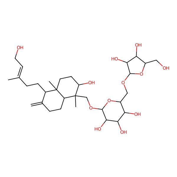2D Structure of [(1S,2R,4aS,5R,8aS)-Decahydro-2-hydroxy-5-[(3E)-5-hydroxy-3-methyl-3-penten-1-yl]-1,4a-dimethyl-6-methylene-1-naphthalenyl]methyl 6-O-alpha-L-arabinofuranosyl-beta-D-glucopyranoside