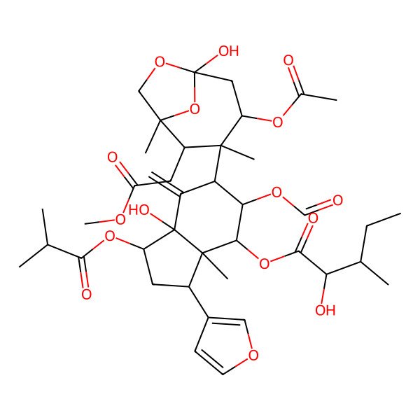 2D Structure of [6-[4-Acetyloxy-6-hydroxy-2-(2-methoxy-2-oxoethyl)-1,3-dimethyl-7,9-dioxabicyclo[4.2.1]nonan-3-yl]-5-formyloxy-3-(furan-3-yl)-7a-hydroxy-3a-methyl-7-methylidene-1-(2-methylpropanoyloxy)-1,2,3,4,5,6-hexahydroinden-4-yl] 2-hydroxy-3-methylpentanoate