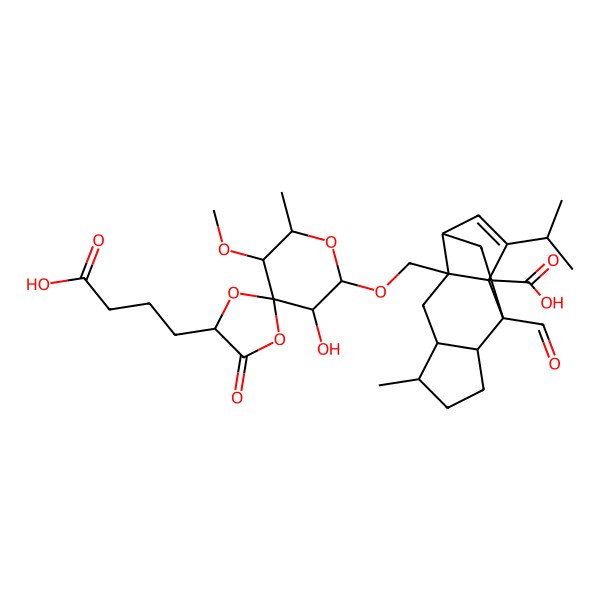 2D Structure of 2-[[2-(3-Carboxypropyl)-10-hydroxy-6-methoxy-7-methyl-3-oxo-1,4,8-trioxaspiro[4.5]decan-9-yl]oxymethyl]-9-formyl-5-methyl-13-propan-2-yltetracyclo[7.4.0.02,11.04,8]tridec-12-ene-1-carboxylic acid