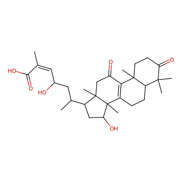 2D Structure of (E)-4-hydroxy-6-(15-hydroxy-4,4,10,13,14-pentamethyl-3,11-dioxo-2,5,6,7,12,15,16,17-octahydro-1H-cyclopenta[a]phenanthren-17-yl)-2-methylhept-2-enoic acid