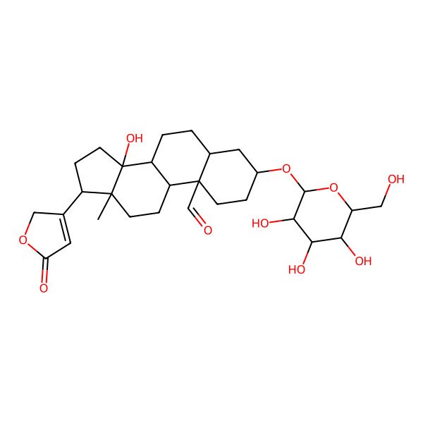 2D Structure of (3S,5S,8R,9S,10R,13R,14S,17S)-14-hydroxy-13-methyl-17-(5-oxo-2H-furan-3-yl)-3-[(2R,3R,4S,5S,6R)-3,4,5-trihydroxy-6-(hydroxymethyl)oxan-2-yl]oxy-1,2,3,4,5,6,7,8,9,11,12,15,16,17-tetradecahydrocyclopenta[a]phenanthrene-10-carbaldehyde