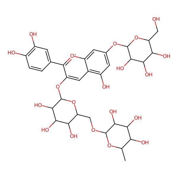 2D Structure of (2R,3S,4R,5R,6S)-2-[[(2R,3S,4S,5R,6S)-6-[2-(3,4-dihydroxyphenyl)-5-hydroxy-7-[(2S,3R,4S,5S,6R)-3,4,5-trihydroxy-6-(hydroxymethyl)oxan-2-yl]oxychromenylium-3-yl]oxy-3,4,5-trihydroxyoxan-2-yl]methoxy]-6-methyloxane-3,4,5-triol