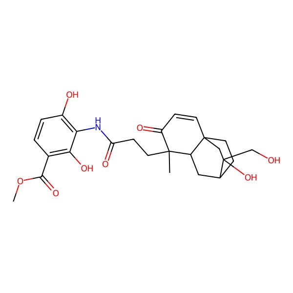 2D Structure of Methyl 2,4-dihydroxy-3-[3-[9-hydroxy-9-(hydroxymethyl)-5-methyl-4-oxo-5-tricyclo[6.2.2.01,6]dodec-2-enyl]propanoylamino]benzoate