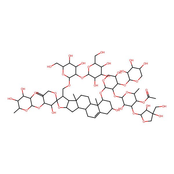 2D Structure of [(2R,3R,4S,5R,6R)-4-[(2R,3R,4S)-3,4-dihydroxy-4-(hydroxymethyl)oxolan-2-yl]oxy-6-[(2R,3R,4S,5R)-2-[(1S,2S,3'R,4R,4'R,6R,7R,8R,9R,12R,13R,16R)-7-[[(2S,3R,4S,5S,6S)-4,5-dihydroxy-6-(hydroxymethyl)-3-[(2R,3R,4S,5R,6S)-3,4,5-trihydroxy-6-(hydroxymethyl)oxan-2-yl]oxyoxan-2-yl]oxymethyl]-3',16-dihydroxy-9,13-dimethyl-5'-methylidene-4'-[(2R,3R,4S,5S,6S)-3,4,5-trihydroxy-6-methyloxan-2-yl]oxyspiro[5-oxapentacyclo[10.8.0.02,9.04,8.013,18]icos-18-ene-6,2'-oxane]-14-yl]oxy-5-hydroxy-4-[(2R,3R,4S,5S)-3,4,5-trihydroxyoxan-2-yl]oxyoxan-3-yl]oxy-5-hydroxy-2-methyloxan-3-yl] acetate
