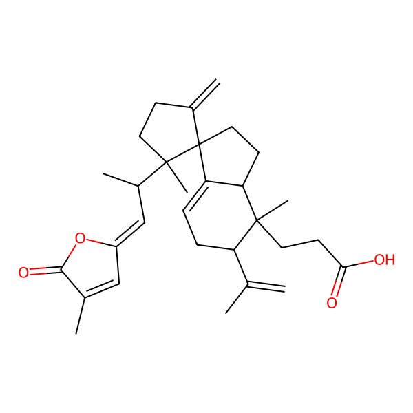 2D Structure of 3-[(1R,1'S,3aR,4S,5R)-1',4-dimethyl-3'-methylidene-1'-[(1Z,2S)-1-(4-methyl-5-oxofuran-2-ylidene)propan-2-yl]-5-prop-1-en-2-ylspiro[3,3a,5,6-tetrahydro-2H-indene-1,2'-cyclopentane]-4-yl]propanoic acid