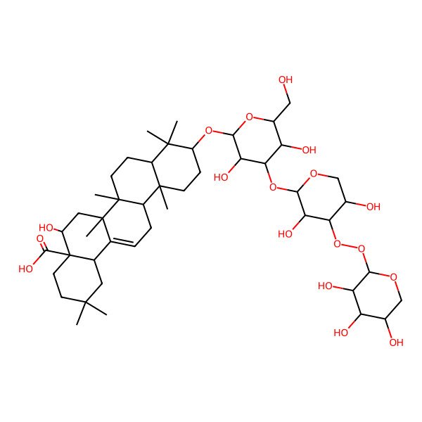 2D Structure of 10-[4-[3,5-Dihydroxy-4-(3,4,5-trihydroxyoxan-2-yl)peroxyoxan-2-yl]oxy-3,5-dihydroxy-6-(hydroxymethyl)oxan-2-yl]oxy-5-hydroxy-2,2,6a,6b,9,9,12a-heptamethyl-1,3,4,5,6,6a,7,8,8a,10,11,12,13,14b-tetradecahydropicene-4a-carboxylic acid