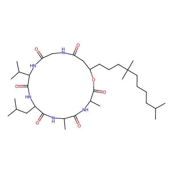 2D Structure of 3,6-Dimethyl-9-(2-methylpropyl)-12-propan-2-yl-19-(4,4,9-trimethyldecyl)-1-oxa-4,7,10,13,16-pentazacyclononadecane-2,5,8,11,14,17-hexone 2D Structure of 3,6-Dimethyl-9-(2-methylpropyl)-12-propan-2-yl-19-(4,4,9-trimethyldecyl)-1-oxa-4,7,10,13,16-pentazacyclononadecane-2,5,8,11,14,17-hexone