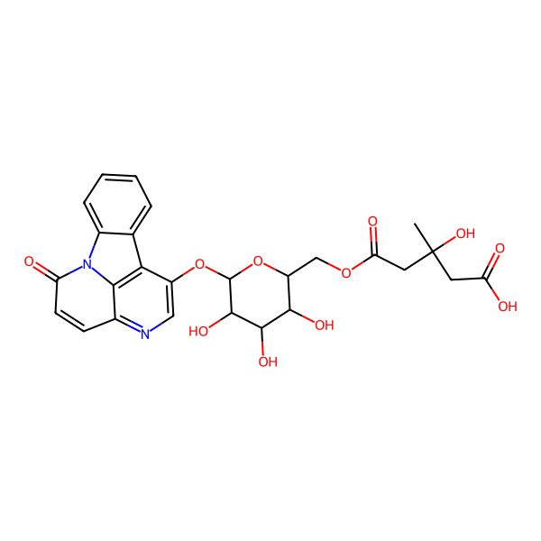 2D Structure of (3R)-3-hydroxy-3-methyl-5-oxo-5-[[(2R,3S,4S,5R,6S)-3,4,5-trihydroxy-6-[(2-oxo-1,6-diazatetracyclo[7.6.1.05,16.010,15]hexadeca-3,5(16),6,8,10,12,14-heptaen-8-yl)oxy]oxan-2-yl]methoxy]pentanoic acid