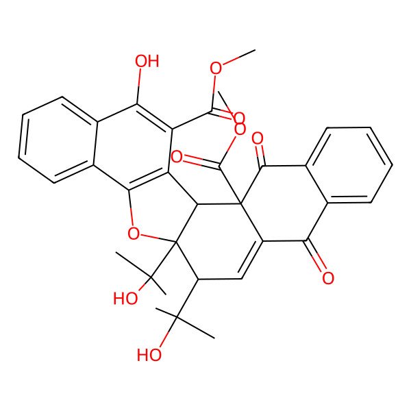 2D Structure of dimethyl (1S,2S,13S,14S)-23-hydroxy-13,14-bis(2-hydroxypropan-2-yl)-3,10-dioxo-15-oxahexacyclo[12.11.0.02,11.04,9.016,25.017,22]pentacosa-4,6,8,11,16(25),17,19,21,23-nonaene-2,24-dicarboxylate