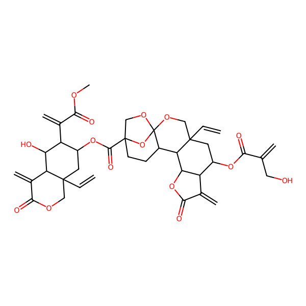 2D Structure of [(4aS,5S,6R,7R,8aS)-8a-ethenyl-5-hydroxy-6-(3-methoxy-3-oxoprop-1-en-2-yl)-4-methylidene-3-oxo-1,4a,5,6,7,8-hexahydroisochromen-7-yl] (1R,4S,6R,7S,11S,12R,13S,16R)-4-ethenyl-6-[2-(hydroxymethyl)prop-2-enoyloxy]-8-methylidene-9-oxo-2,10,18,19-tetraoxapentacyclo[14.2.1.01,13.04,12.07,11]nonadecane-16-carboxylate