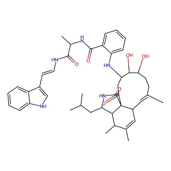 2D Structure of 2-[[5,6-dihydroxy-9,13,14-trimethyl-16-(2-methylpropyl)-2,18-dioxo-17-azatricyclo[9.7.0.01,15]octadeca-9,12-dien-4-yl]amino]-N-[1-[2-(1H-indol-3-yl)ethenylamino]-1-oxopropan-2-yl]benzamide