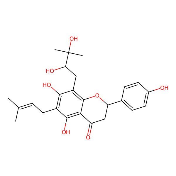 2D Structure of (2S)-8-[(2S)-2,3-dihydroxy-3-methylbutyl]-5,7-dihydroxy-2-(4-hydroxyphenyl)-6-(3-methylbut-2-enyl)-2,3-dihydrochromen-4-one