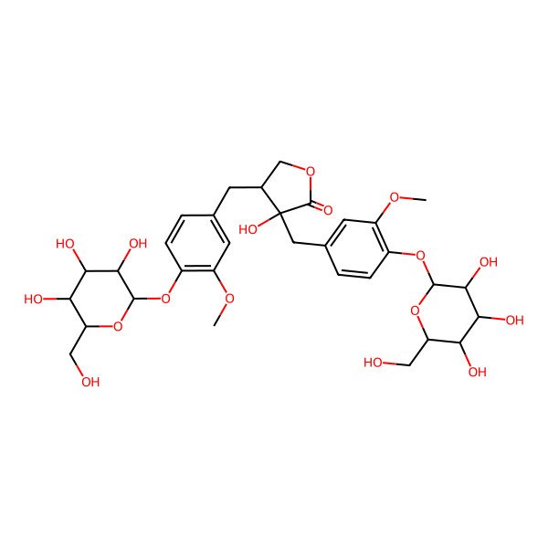 2D Structure of 3-Hydroxy-3,4-bis[[3-methoxy-4-[3,4,5-trihydroxy-6-(hydroxymethyl)oxan-2-yl]oxyphenyl]methyl]oxolan-2-one