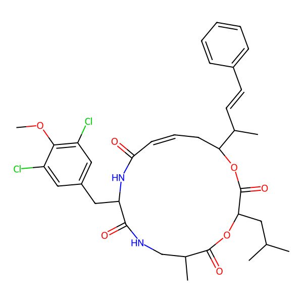 2D Structure of 10-[(3,5-Dichloro-4-methoxyphenyl)methyl]-6-methyl-3-(2-methylpropyl)-16-(4-phenylbut-3-en-2-yl)-1,4-dioxa-8,11-diazacyclohexadec-13-ene-2,5,9,12-tetrone
