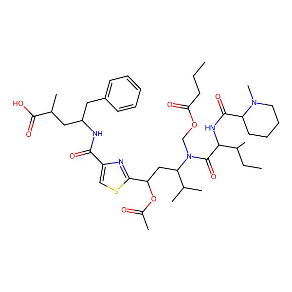 2D Structure of Benzenepentanoic acid,g-[[[2-[(1R,3R)-1-(acetyloxy)-4-methyl-3-[[(2S,3S)-3-methyl-2-[[[(2R)-1-methyl-2-piperidinyl]carbonyl]amino]-1-oxopentyl][(1-oxobutoxy)methyl]amino]pentyl]-4-thiazolyl]carbonyl]amino]-a-methyl-, (aS,gR)-