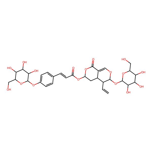 2D Structure of [(3S,4aS,5R,6S)-5-ethenyl-1-oxo-6-[(2S,3R,4S,5S,6R)-3,4,5-trihydroxy-6-(hydroxymethyl)oxan-2-yl]oxy-4,4a,5,6-tetrahydro-3H-pyrano[3,4-c]pyran-3-yl] (E)-3-[4-[(2S,3R,4S,5S,6R)-3,4,5-trihydroxy-6-(hydroxymethyl)oxan-2-yl]oxyphenyl]prop-2-enoate