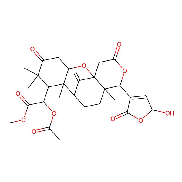 2D Structure of methyl (2S)-2-acetyloxy-2-[(1S,3S,7R,8R,9R,12S,13R)-13-[(2R)-2-hydroxy-5-oxo-2H-furan-4-yl]-6,6,8,12-tetramethyl-17-methylidene-5,15-dioxo-2,14-dioxatetracyclo[7.7.1.01,12.03,8]heptadecan-7-yl]acetate