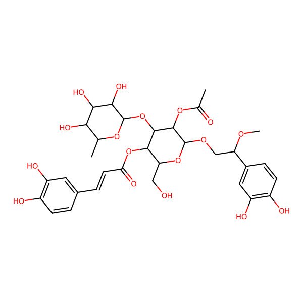 2D Structure of [5-Acetyloxy-6-[2-(3,4-dihydroxyphenyl)-2-methoxyethoxy]-2-(hydroxymethyl)-4-(3,4,5-trihydroxy-6-methyloxan-2-yl)oxyoxan-3-yl] 3-(3,4-dihydroxyphenyl)prop-2-enoate