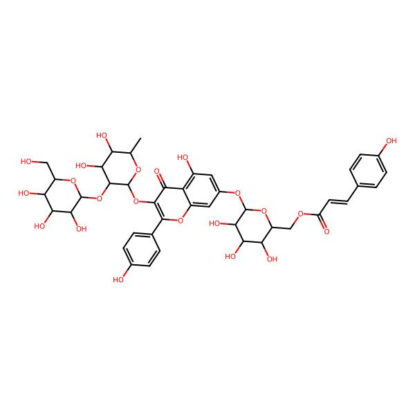 2D Structure of [(2R,3S,4S,5S,6S)-6-[3-[(2S,3S,4R,5R,6S)-4,5-dihydroxy-6-methyl-3-[(2S,3R,4S,5S,6S)-3,4,5-trihydroxy-6-(hydroxymethyl)oxan-2-yl]oxyoxan-2-yl]oxy-5-hydroxy-2-(4-hydroxyphenyl)-4-oxochromen-7-yl]oxy-3,4,5-trihydroxyoxan-2-yl]methyl (E)-3-(4-hydroxyphenyl)prop-2-enoate