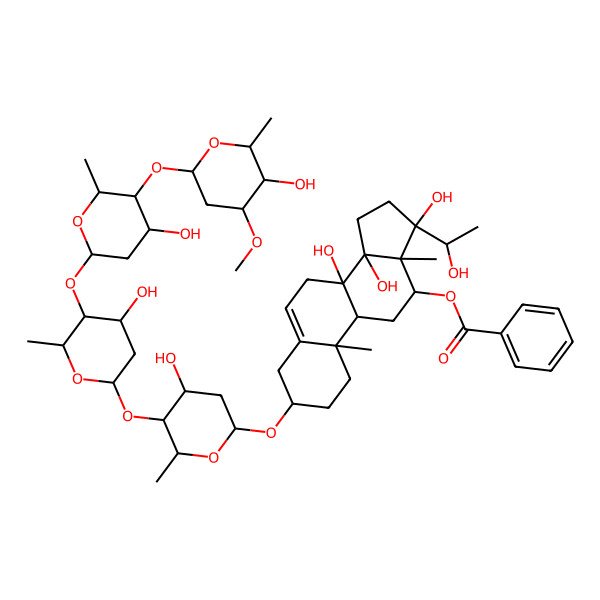 2D Structure of [(3S,8S,9R,10R,12R,13R,14R,17S)-8,14,17-trihydroxy-17-[(1R)-1-hydroxyethyl]-3-[(2R,4S,5S,6R)-4-hydroxy-5-[(2S,4S,5S,6R)-4-hydroxy-5-[(2S,4R,5S,6R)-4-hydroxy-5-[(2S,4R,5R,6R)-5-hydroxy-4-methoxy-6-methyloxan-2-yl]oxy-6-methyloxan-2-yl]oxy-6-methyloxan-2-yl]oxy-6-methyloxan-2-yl]oxy-10,13-dimethyl-1,2,3,4,7,9,11,12,15,16-decahydrocyclopenta[a]phenanthren-12-yl] benzoate