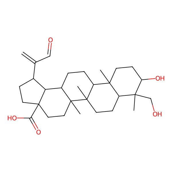 2D Structure of (1R,3aS,5aR,5bR,8R,9R,11aR)-9-hydroxy-8-(hydroxymethyl)-5a,5b,8,11a-tetramethyl-1-(3-oxoprop-1-en-2-yl)-1,2,3,4,5,6,7,7a,9,10,11,11b,12,13,13a,13b-hexadecahydrocyclopenta[a]chrysene-3a-carboxylic acid