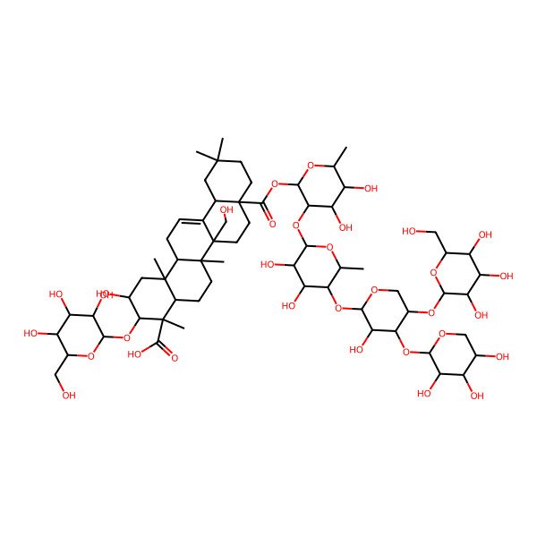 2D Structure of 8a-[3-[3,4-Dihydroxy-5-[3-hydroxy-5-[3,4,5-trihydroxy-6-(hydroxymethyl)oxan-2-yl]oxy-4-(3,4,5-trihydroxyoxan-2-yl)oxyoxan-2-yl]oxy-6-methyloxan-2-yl]oxy-4,5-dihydroxy-6-methyloxan-2-yl]oxycarbonyl-2-hydroxy-6b-(hydroxymethyl)-4,6a,11,11,14b-pentamethyl-3-[3,4,5-trihydroxy-6-(hydroxymethyl)oxan-2-yl]oxy-1,2,3,4a,5,6,7,8,9,10,12,12a,14,14a-tetradecahydropicene-4-carboxylic acid