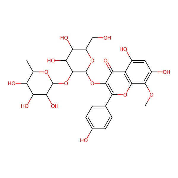 2D Structure of 3-[(2S,3R,4S,5S,6R)-4,5-dihydroxy-6-(hydroxymethyl)-3-[(2R,3R,4R,5R,6S)-3,4,5-trihydroxy-6-methyloxan-2-yl]oxyoxan-2-yl]oxy-5,7-dihydroxy-2-(4-hydroxyphenyl)-8-methoxychromen-4-one