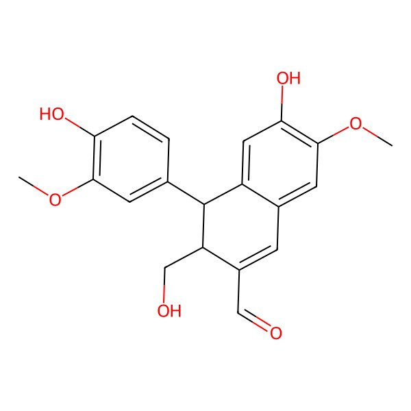2D Structure of 6-Hydroxy-4-(4-hydroxy-3-methoxyphenyl)-3-(hydroxymethyl)-7-methoxy-3,4-dihydronaphthalene-2-carbaldehyde 2D Structure of 6-Hydroxy-4-(4-hydroxy-3-methoxyphenyl)-3-(hydroxymethyl)-7-methoxy-3,4-dihydronaphthalene-2-carbaldehyde