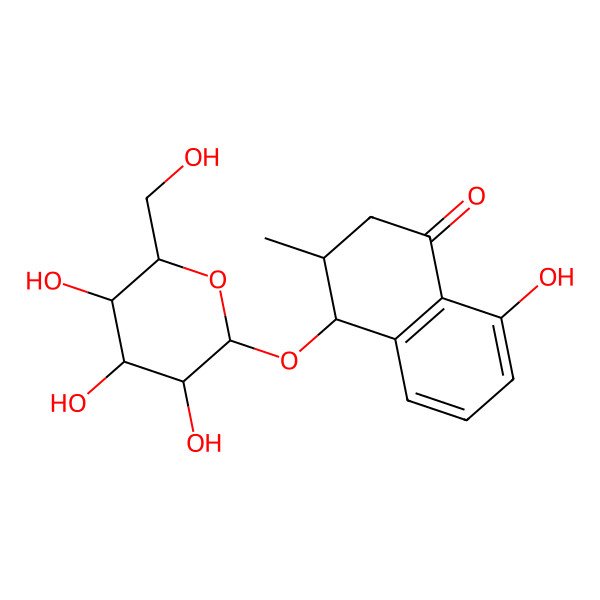 2D Structure of (3S,4R)-8-hydroxy-3-methyl-4-[(2R,3R,4S,5S,6R)-3,4,5-trihydroxy-6-(hydroxymethyl)oxan-2-yl]oxy-3,4-dihydro-2H-naphthalen-1-one