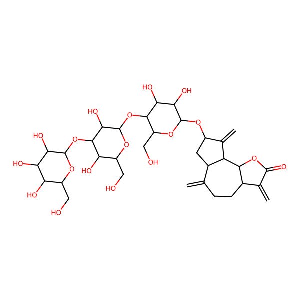 2D Structure of (3aS,6aR,8S,9aR,9bS)-8-[(2R,3R,4R,5S,6R)-5-[(2S,3S,4S,5R,6R)-3,5-dihydroxy-6-(hydroxymethyl)-4-[(2S,3R,4S,5S,6R)-3,4,5-trihydroxy-6-(hydroxymethyl)oxan-2-yl]oxyoxan-2-yl]oxy-3,4-dihydroxy-6-(hydroxymethyl)oxan-2-yl]oxy-3,6,9-trimethylidene-3a,4,5,6a,7,8,9a,9b-octahydroazuleno[4,5-b]furan-2-one