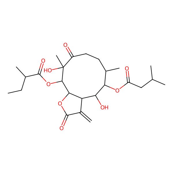 2D Structure of [(3aR,4R,5R,6R,10R,11R,11aS)-4,10-dihydroxy-6,10-dimethyl-5-(3-methylbutanoyloxy)-3-methylidene-2,9-dioxo-3a,4,5,6,7,8,11,11a-octahydrocyclodeca[b]furan-11-yl] 2-methylbutanoate
