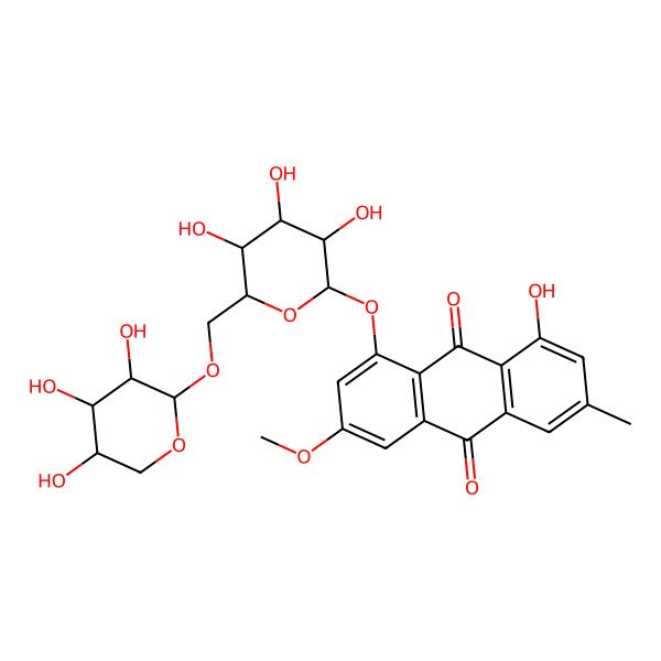 2D Structure of 1-Hydroxy-6-methoxy-3-methyl-8-[3,4,5-trihydroxy-6-[(3,4,5-trihydroxyoxan-2-yl)oxymethyl]oxan-2-yl]oxyanthracene-9,10-dione