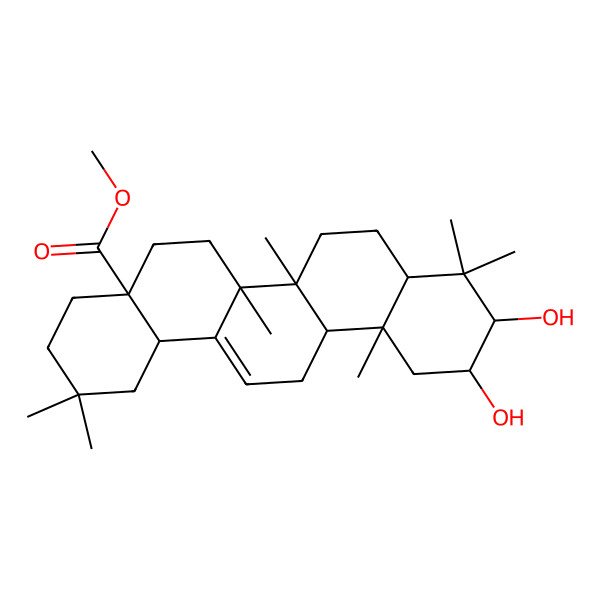 2D Structure of methyl (4aS,6aR,6aS,6bR,10R,11R,12aR,14bR)-10,11-dihydroxy-2,2,6a,6b,9,9,12a-heptamethyl-1,3,4,5,6,6a,7,8,8a,10,11,12,13,14b-tetradecahydropicene-4a-carboxylate