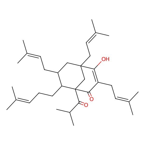 2D Structure of 4-Hydroxy-3,5,7-tris(3-methylbut-2-enyl)-8-(4-methylpent-3-enyl)-1-(2-methylpropanoyl)bicyclo[3.3.1]non-3-en-2-one