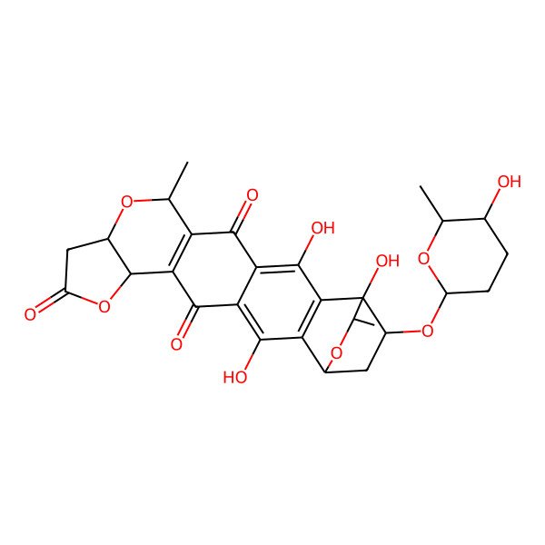 2D Structure of (1R,7S,11S,13S,19R,20R,23R)-3,17,19-trihydroxy-23-[(2S,5S,6S)-5-hydroxy-6-methyloxan-2-yl]oxy-13,20-dimethyl-8,12,21-trioxahexacyclo[17.2.2.02,18.04,16.06,14.07,11]tricosa-2(18),3,6(14),16-tetraene-5,9,15-trione