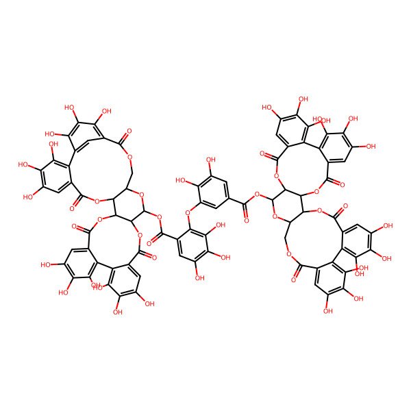 2D Structure of [(10R,11S,28R,29R,31R)-3,4,5,16,17,18,21,22,23,36,37,38-dodecahydroxy-8,13,26,34-tetraoxo-9,12,27,30,33-pentaoxaheptacyclo[33.3.1.02,7.010,31.011,28.014,19.020,25]nonatriaconta-1(39),2,4,6,14,16,18,20,22,24,35,37-dodecaen-29-yl] 2-[5-[[(1R,2S,19R,20R,22R)-7,8,9,12,13,14,28,29,30,33,34,35-dodecahydroxy-4,17,25,38-tetraoxo-3,18,21,24,39-pentaoxaheptacyclo[20.17.0.02,19.05,10.011,16.026,31.032,37]nonatriaconta-5,7,9,11,13,15,26,28,30,32,34,36-dodecaen-20-yl]oxycarbonyl]-2,3-dihydroxyphenoxy]-3,4,5-trihydroxybenzoate