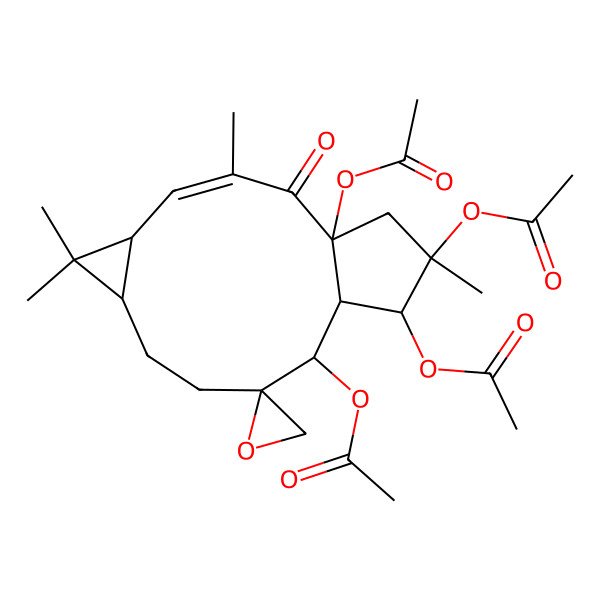 2D Structure of [(1'R,2R,3'E,5'R,7'S,11'R,12'R,13'R,14'S)-1',11',14'-triacetyloxy-3',6',6',14'-tetramethyl-2'-oxospiro[oxirane-2,10'-tricyclo[10.3.0.05,7]pentadec-3-ene]-13'-yl] acetate