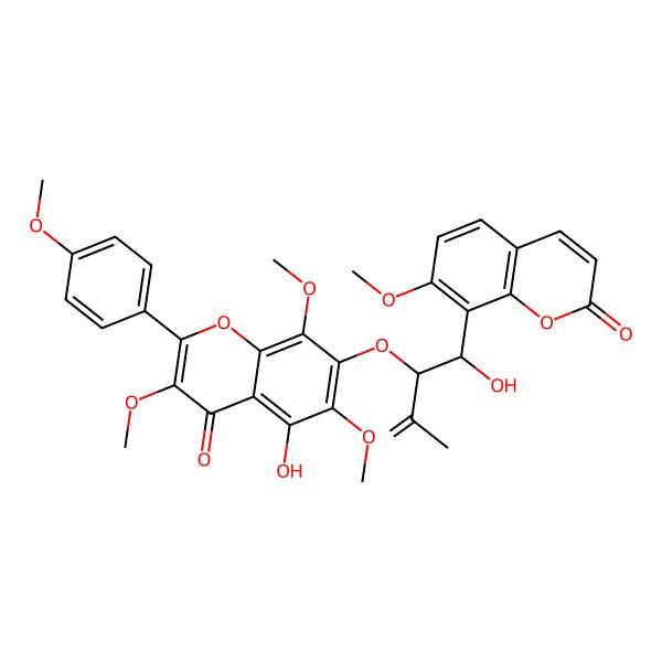 2D Structure of 5-Hydroxy-7-[1-hydroxy-1-(7-methoxy-2-oxochromen-8-yl)-3-methylbut-3-en-2-yl]oxy-3,6,8-trimethoxy-2-(4-methoxyphenyl)chromen-4-one