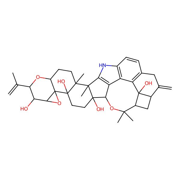 2D Structure of 15,16,33,33-Tetramethyl-24-methylidene-10-prop-1-en-2-yl-7,11,32-trioxa-18-azadecacyclo[25.4.2.02,16.05,15.06,8.06,12.017,31.019,30.022,29.025,28]tritriaconta-17(31),19(30),20,22(29)-tetraene-2,5,9,28-tetrol