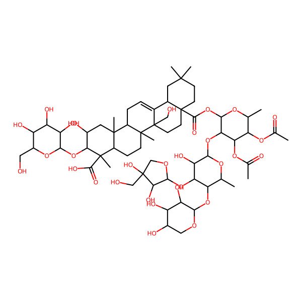 2D Structure of 8a-[4,5-Diacetyloxy-3-[4-[3,4-dihydroxy-4-(hydroxymethyl)oxolan-2-yl]oxy-3-hydroxy-6-methyl-5-(3,4,5-trihydroxyoxan-2-yl)oxyoxan-2-yl]oxy-6-methyloxan-2-yl]oxycarbonyl-2-hydroxy-6b-(hydroxymethyl)-4,6a,11,11,14b-pentamethyl-3-[3,4,5-trihydroxy-6-(hydroxymethyl)oxan-2-yl]oxy-1,2,3,4a,5,6,7,8,9,10,12,12a,14,14a-tetradecahydropicene-4-carboxylic acid
