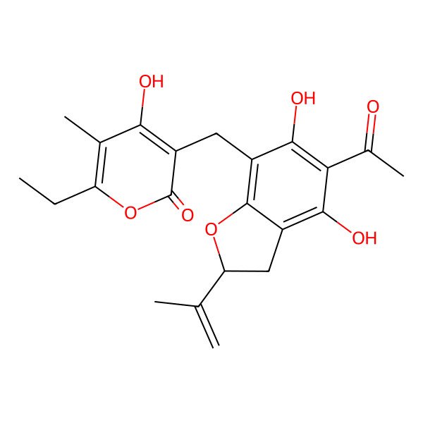 2D Structure of 3-[[(2S)-5-acetyl-4,6-dihydroxy-2-prop-1-en-2-yl-2,3-dihydro-1-benzofuran-7-yl]methyl]-6-ethyl-4-hydroxy-5-methylpyran-2-one