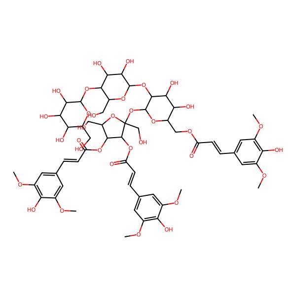 2D Structure of [(2R,3S,4S,5R,6R)-6-[(2S,3S,4R,5R)-3,4-bis[[(E)-3-(4-hydroxy-3,5-dimethoxyphenyl)prop-2-enoyl]oxy]-2,5-bis(hydroxymethyl)oxolan-2-yl]oxy-5-[(2S,3R,4R,5S,6R)-3,4-dihydroxy-6-(hydroxymethyl)-5-[(2S,3R,4S,5S,6R)-3,4,5-trihydroxy-6-(hydroxymethyl)oxan-2-yl]oxyoxan-2-yl]oxy-3,4-dihydroxyoxan-2-yl]methyl (E)-3-(4-hydroxy-3,5-dimethoxyphenyl)prop-2-enoate