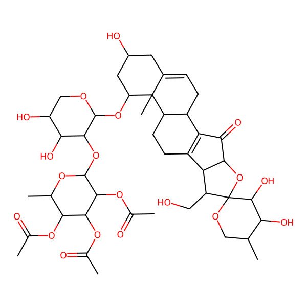 2D Structure of [(2S,3S,4R,5R,6S)-4,5-diacetyloxy-6-[(2S,3R,4S,5S)-4,5-dihydroxy-2-[(1R,3'S,4R,4'S,5'S,6S,7R,8R,12S,13R,14R,16R)-3',4',16-trihydroxy-7-(hydroxymethyl)-5',13-dimethyl-3-oxospiro[5-oxapentacyclo[10.8.0.02,9.04,8.013,18]icosa-2(9),18-diene-6,2'-oxane]-14-yl]oxyoxan-3-yl]oxy-2-methyloxan-3-yl] acetate