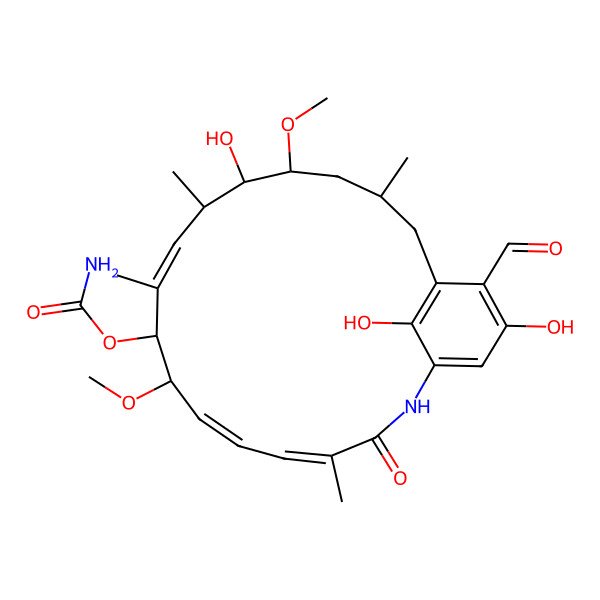 2D Structure of [(4Z,6Z,8S,9S,10Z,12S,13R,14S,16R)-19-formyl-13,20,22-trihydroxy-8,14-dimethoxy-4,10,12,16-tetramethyl-3-oxo-2-azabicyclo[16.3.1]docosa-1(21),4,6,10,18(22),19-hexaen-9-yl] carbamate