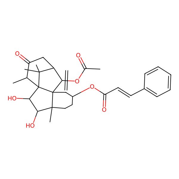2D Structure of (10-Acetyloxy-2,3-dihydroxy-4,14,15,15-tetramethyl-8-methylidene-13-oxo-7-tetracyclo[9.3.1.01,9.04,9]pentadecanyl) 3-phenylprop-2-enoate