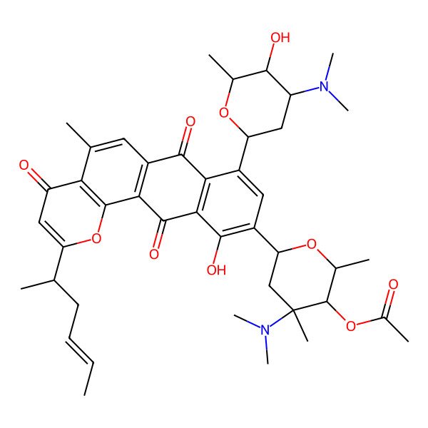 2D Structure of [(2R,3S,4R,6S)-4-(dimethylamino)-6-[8-[(2S,4S,5R,6R)-4-(dimethylamino)-5-hydroxy-6-methyloxan-2-yl]-2-[(E,2S)-hex-4-en-2-yl]-11-hydroxy-5-methyl-4,7,12-trioxonaphtho[2,3-h]chromen-10-yl]-2,4-dimethyloxan-3-yl] acetate