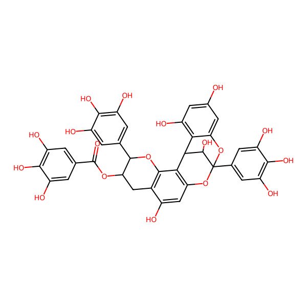 2D Structure of [(1R,5R,6R,13S,21R)-9,17,19,21-tetrahydroxy-5,13-bis(3,4,5-trihydroxyphenyl)-4,12,14-trioxapentacyclo[11.7.1.02,11.03,8.015,20]henicosa-2(11),3(8),9,15,17,19-hexaen-6-yl] 3,4,5-trihydroxybenzoate